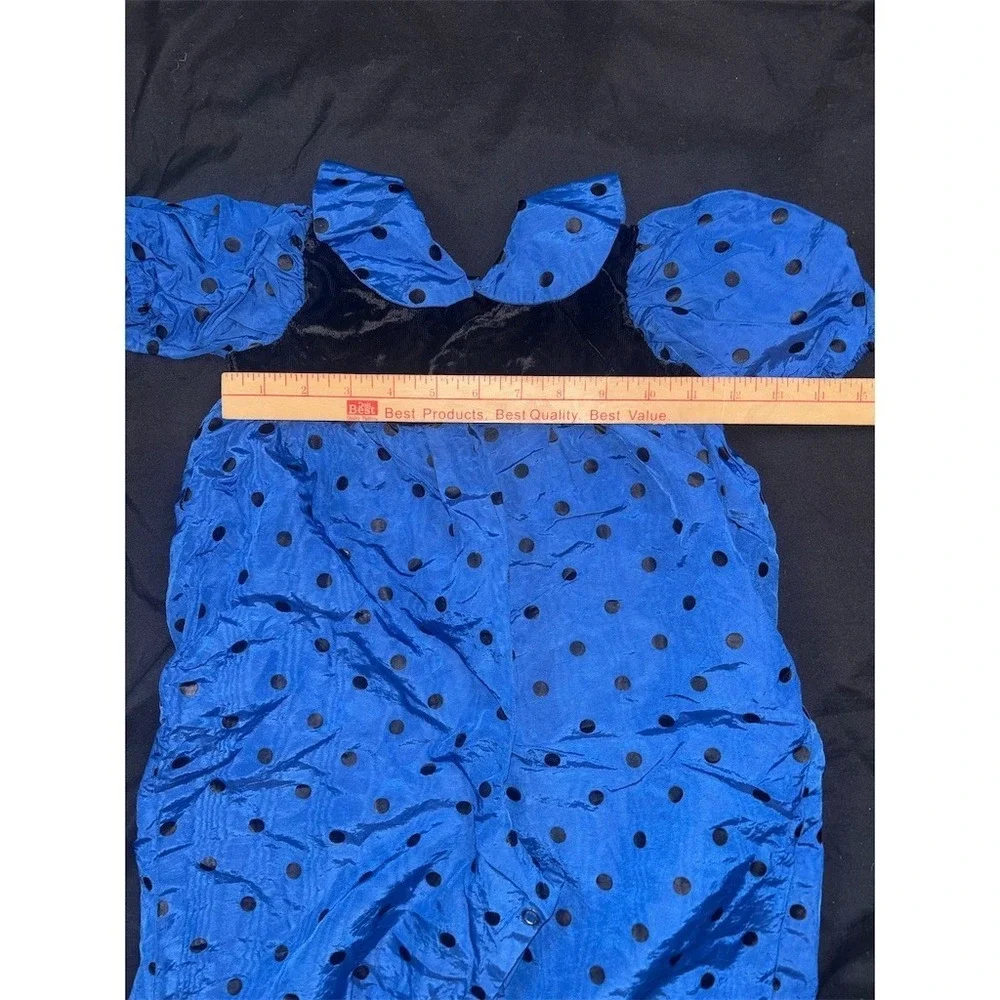 Vintage Girl Romper Blue Black Polka Dot Puff Sleeve Snap Crotch 9-12M one piece